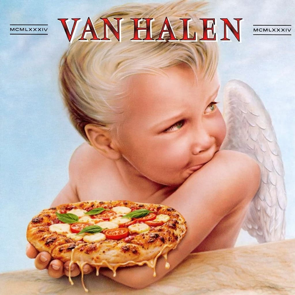 Rock-album-inspired artwork of a winged child holding a Margherita pizza