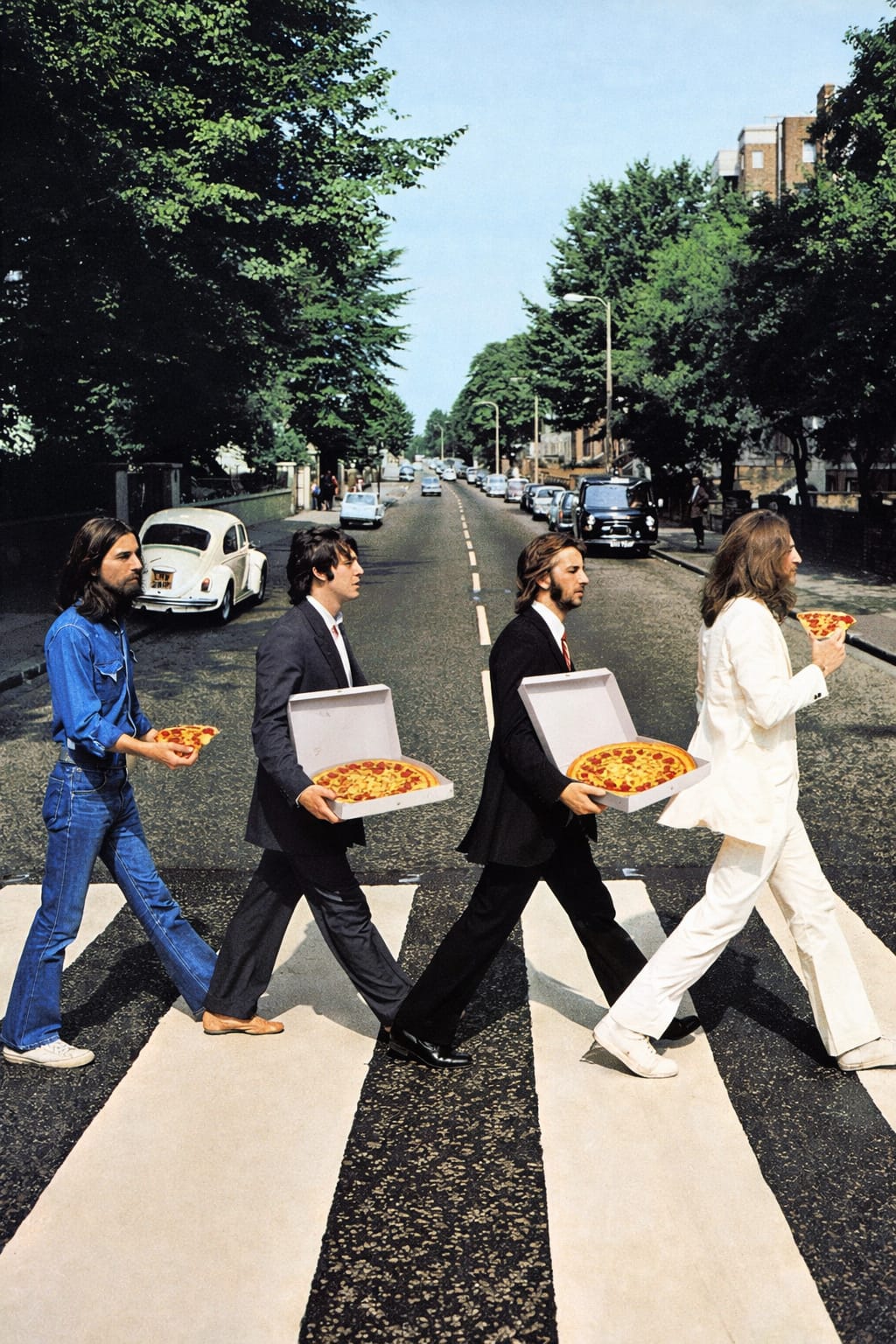 Pizza parody of four musicians crossing a street with pizza boxes