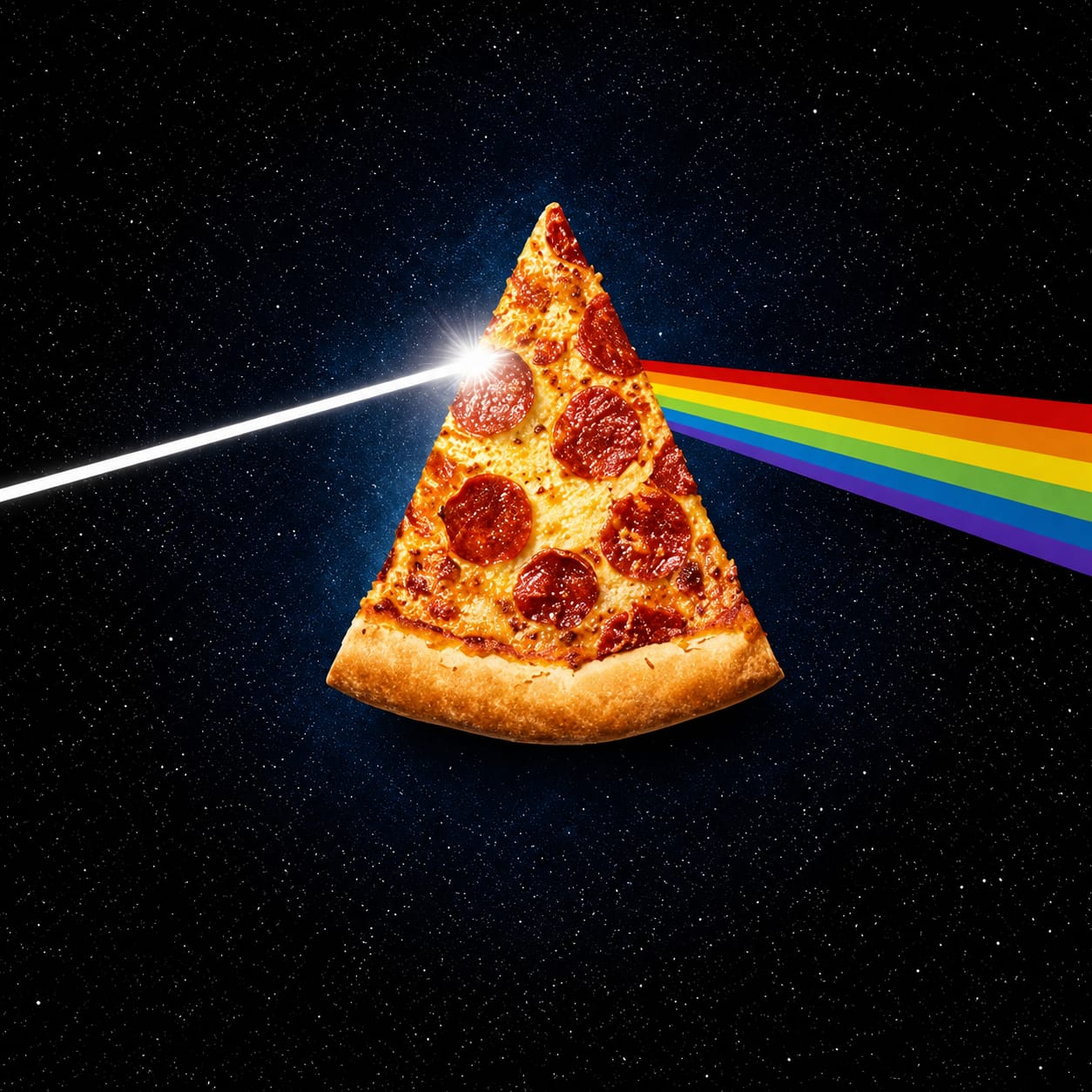 Pizza-slice prism splitting a beam into rainbow colors against a starry sky