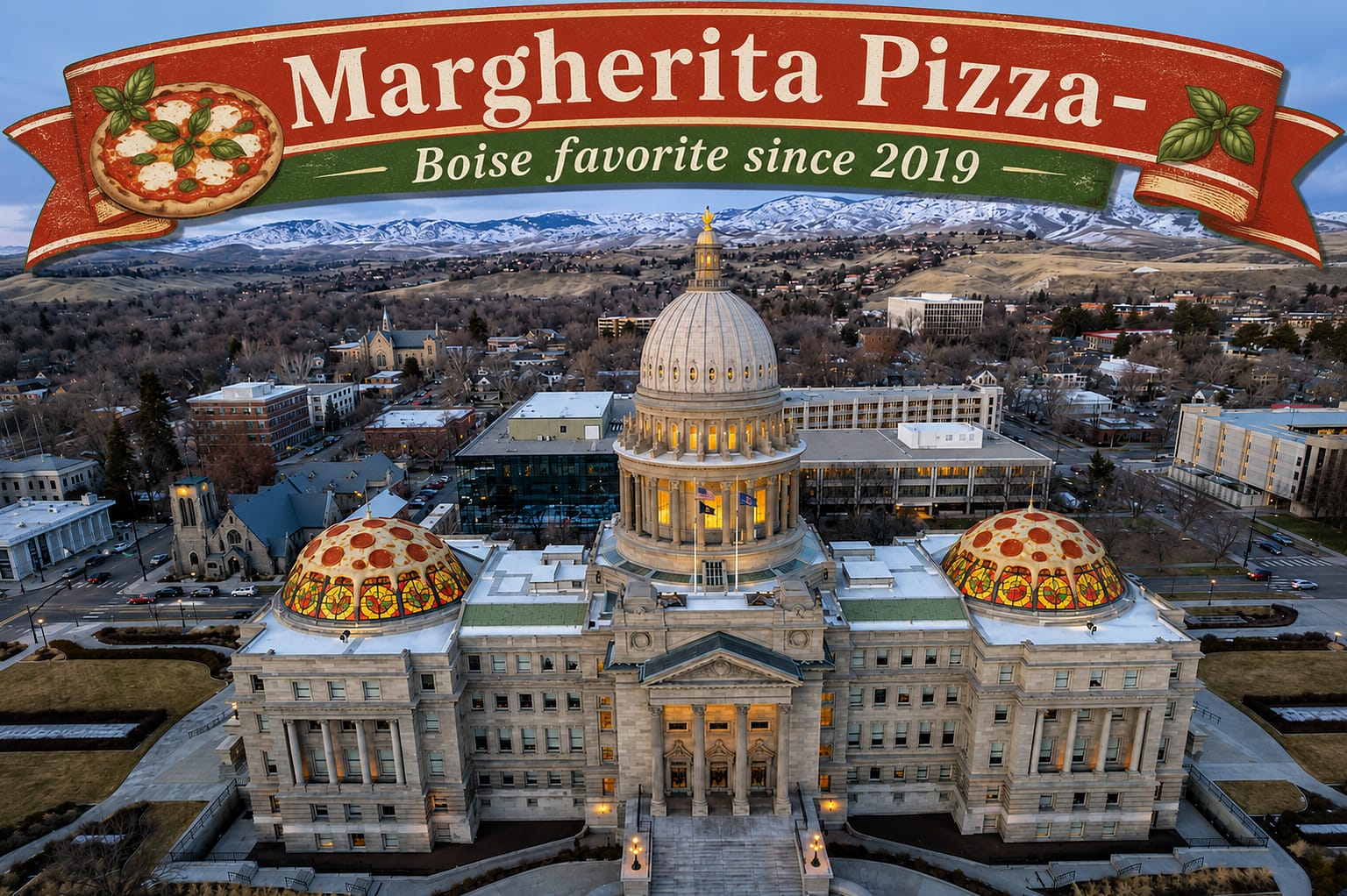 Fantasy Boise cityscape with pizza domes and a Margherita Pizza banner